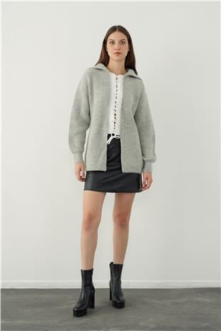 Gri Polo Yaka Dekolteli Triko Kazak