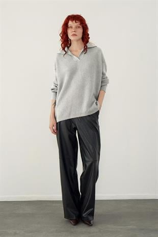 Grey Polo Neck Knitted Sweater SWK4561GR