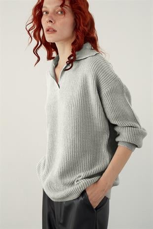 Grey Polo Neck Knitted Sweater SWK4561GR