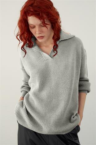 Grey Polo Neck Knitted Sweater SWK4561GR
