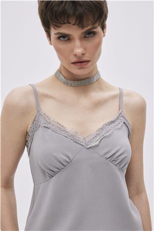 Grey Satin-Look Thin Straps Top