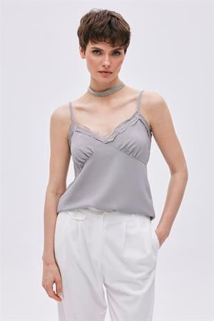 Grey Satin-Look Thin Straps Top