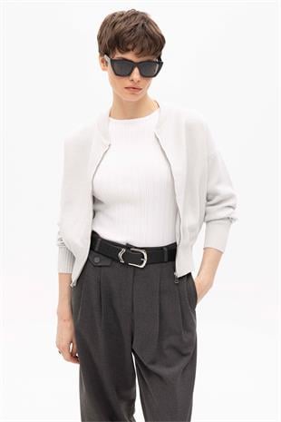 Grey Lurex Bomber Knitwear Cardigan