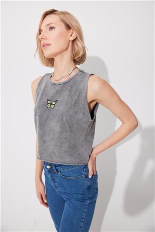 Gray Pale Effect strappy sleeveless T-shirt SS23TE4719TE