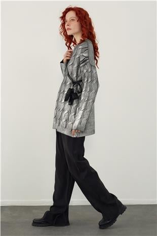 Grey Foil Printed Oversize Knitwear Sweater