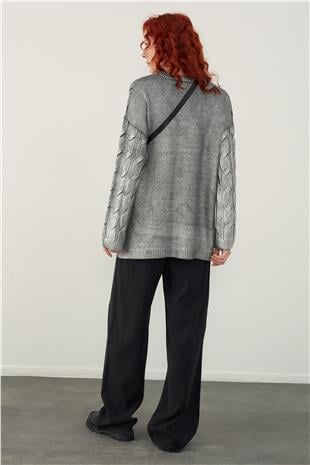 Grey Foil Printed Oversize Knitwear Sweater
