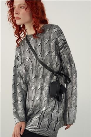 Grey Foil Printed Oversize Knitwear Sweater