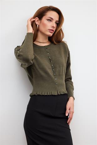 Haki Düğme Detaylı Triko Kazak