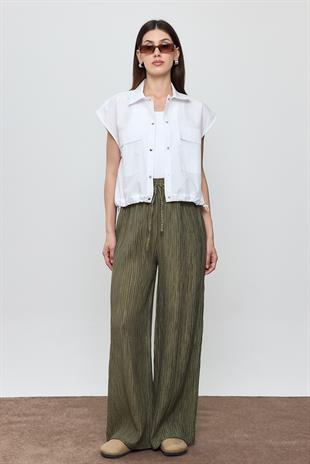 Haki Fitilli Beli Lastikli Palazzo Pantolon