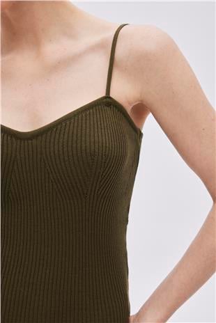 Khaki Cotton Midi Knitwear Dress