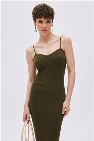 Khaki Cotton Midi Knitwear Dress