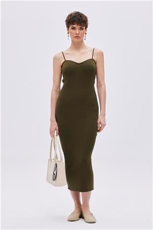 Khaki Cotton Midi Knitwear Dress