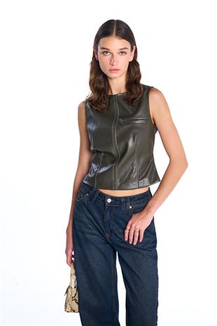 Haki Suni Deri Crop Top