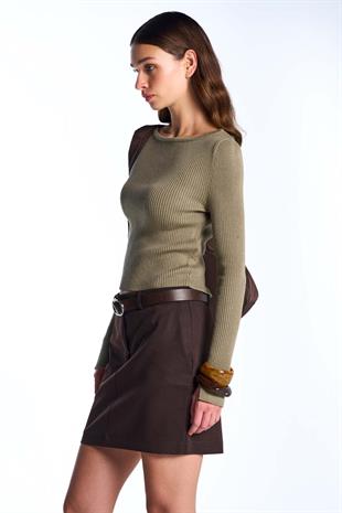Khaki Long Sleeve Ribbed Sweater