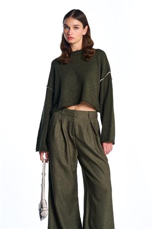 Haki Wide Leg Yüksek Bel Pantolon