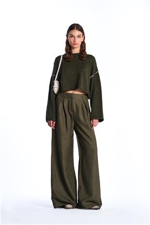 Haki Wide Leg Yüksek Bel Pantolon