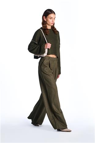 Haki Wide Leg Yüksek Bel Pantolon