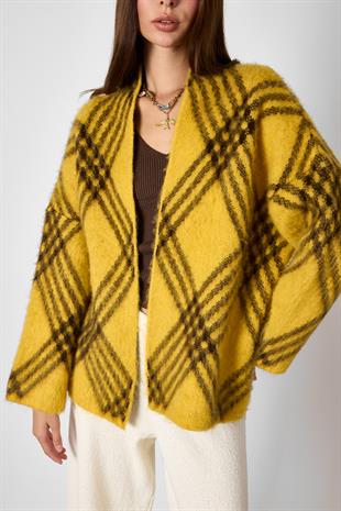 Hardal Ekoseli Oversize Triko Hırka