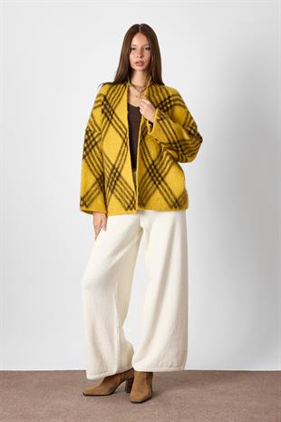 Hardal Ekoseli Oversize Triko Hırka