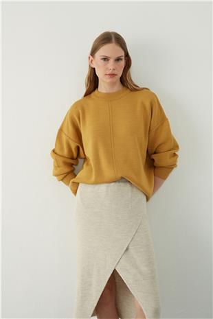 Hardal Oversize Yuvarlak Yaka Basic Triko Kazak