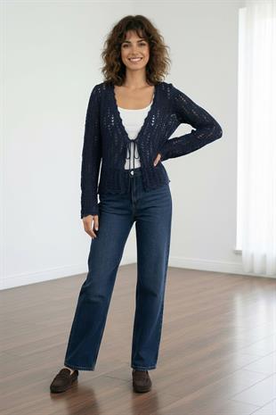 İndigo Ajurlu Triko Hırka