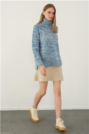 Indigo Brushed Textured V Neck Basic Knitwear Sweater