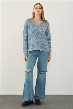 Indigo Brushed Textured V Neck Basic Knitwear Sweater