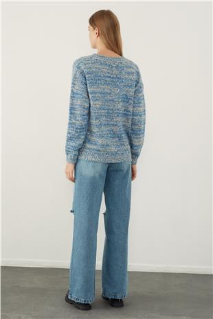 Indigo Brushed Textured V Neck Basic Knitwear Sweater