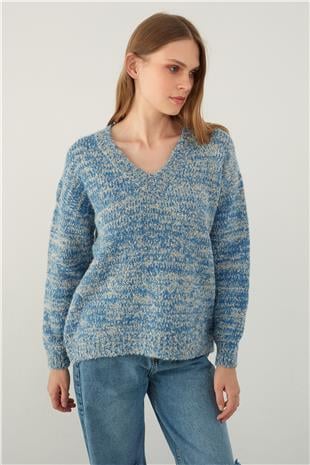 Indigo Brushed Textured V Neck Basic Knitwear Sweater