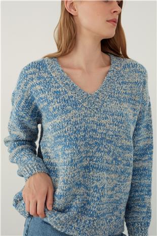 Indigo Brushed Textured V Neck Basic Knitwear Sweater