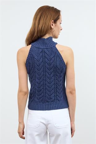 İndigo Saç Örgülü Dik Yaka Triko Bluz