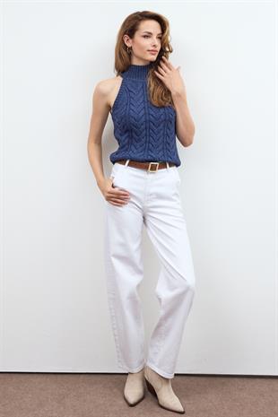 İndigo Saç Örgülü Dik Yaka Triko Bluz