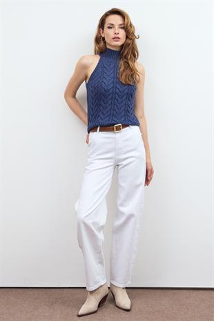 İndigo Saç Örgülü Dik Yaka Triko Bluz