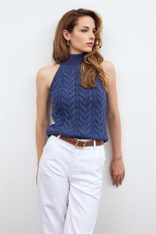 İndigo Saç Örgülü Dik Yaka Triko Bluz