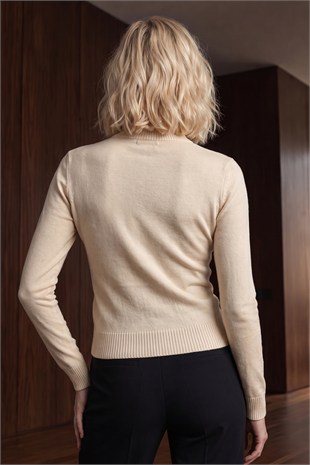 Kadın Bej Dik Yaka Yumuşak Dokulu Basic Crop