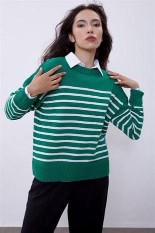 Green Striped Crew Neck Knit Sweater SWK4371YE
