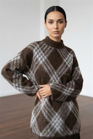 Kahve Ekoseli Oversize Triko Kazak