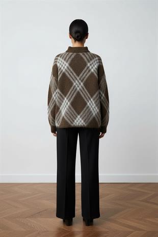 Kahve Ekoseli Oversize Triko Kazak