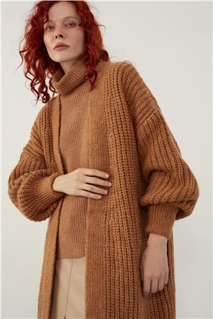 Brown Oversize Open Front Long Knitwear Cardigan
