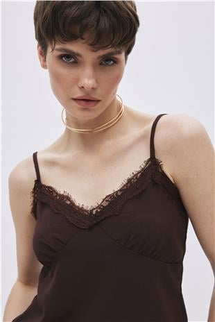 Brown Satin-Look Thin Straps Blouse