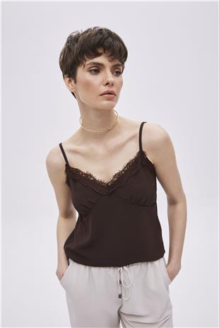 Brown Satin-Look Thin Straps Blouse