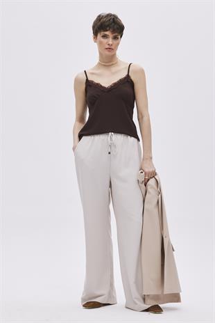 Brown Satin-Look Thin Straps Blouse