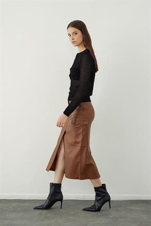 Leather look midi skirt with pocket detail