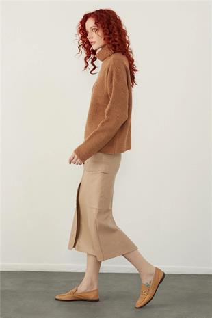 Brown Funnel Neck Basic Knitwear Sweater