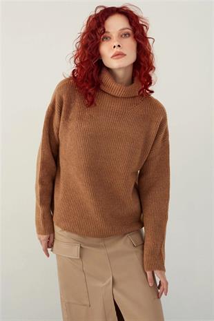 Brown Funnel Neck Basic Knitwear Sweater