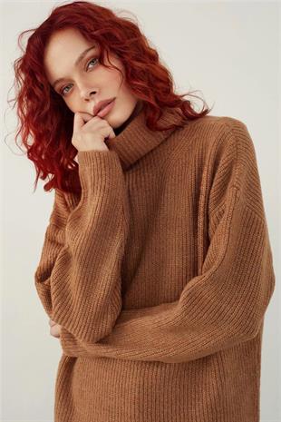 Brown Funnel Neck Basic Knitwear Sweater