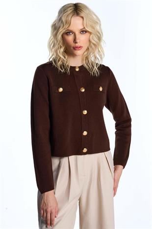 Kahverengi Düğmeli Triko Hırka