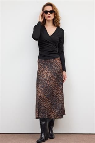 Kahverengi Leoparlı Saten Etek