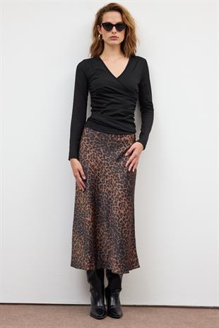 Kahverengi Leoparlı Saten Etek