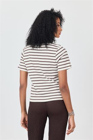 Kahverengi Omuzları Vatkalı Çizgili T-shirt